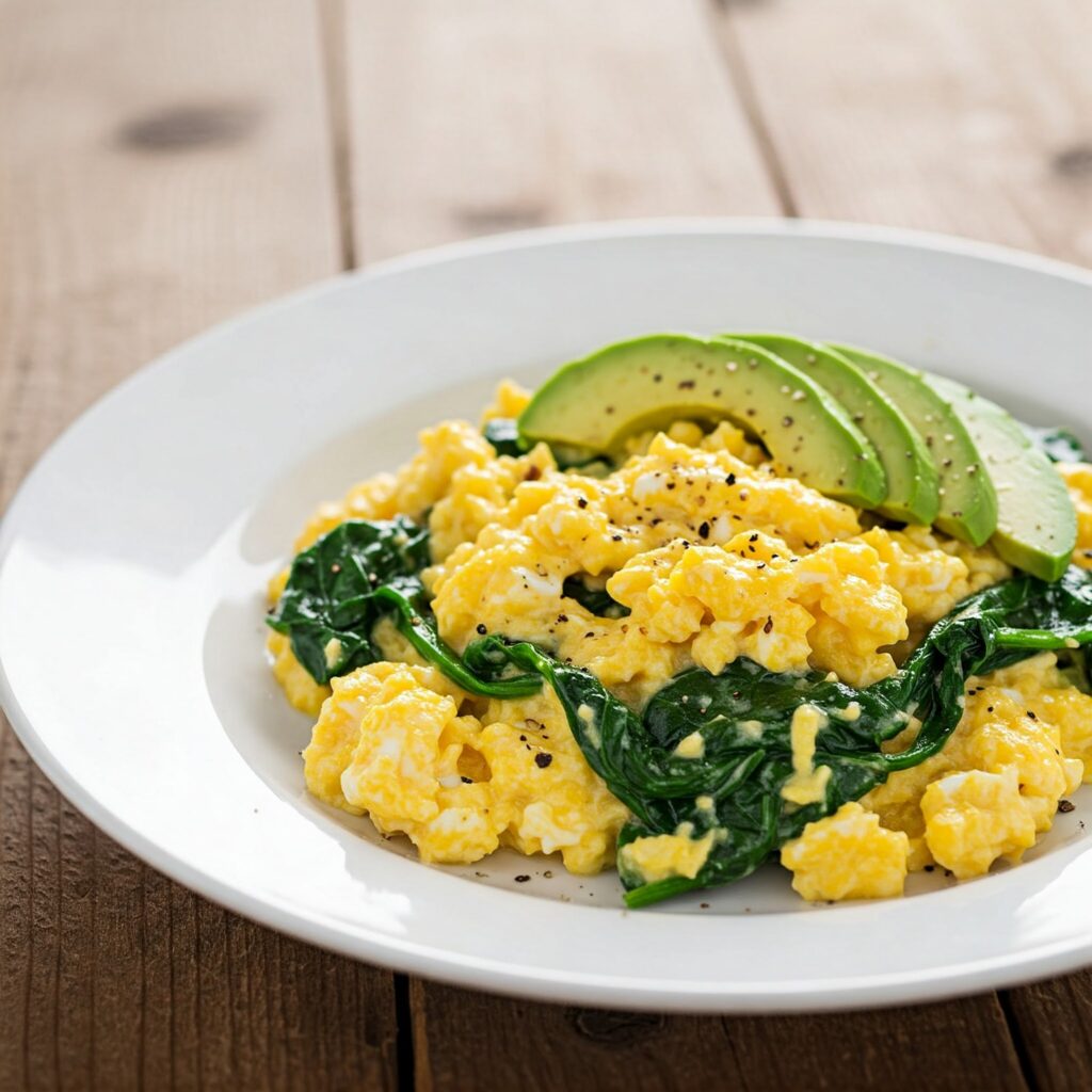 Plate of fluffy scrambled eggs with spinach and creamy avocado slices on a rustic wooden surface, topped with black pepper and natural soft lighting.